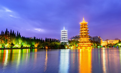 Riyue Shuangta Cultural Park (Sun and Moon Twin Pagodas Park). Located in downtown Guilin, Guangxi, China.