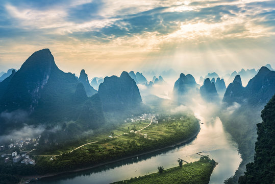 Landscape of Guilin, Li River and Karst mountains. Located near The Ancient Town of Xingping, Yangshuo, Guilin, Guangxi, China.