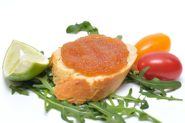 Pike Raw Roe (Pike Caviar) Sandwich, wiht Rucola Leaves, Lime Slice and Tomatoes