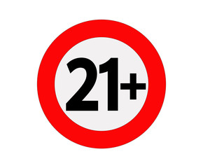 Age limit sign or icon in red. Vector signal, only older than 21 years old. Prohibited under 21 years, restriction concept.