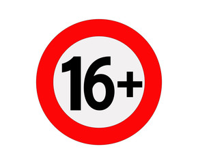 Fototapeta premium Age limit sign or icon in red. Vector signal, only older than 16 years old. Prohibited under 16 years, restriction concept.