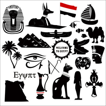 Collection of Egyptian traditional symbols on a white background 