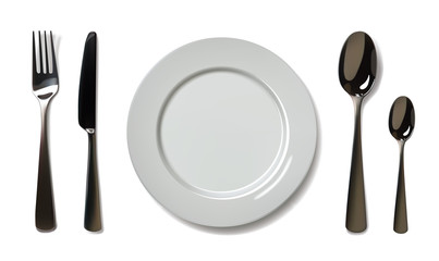 Empty plate with spoon, knife and fork on a white background. Mesh