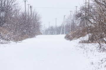 Snowy rural street during snowfall