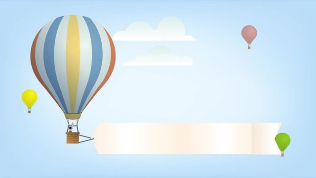 cartoon hot air balloon animation with blank banner flying in the sky