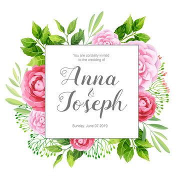 Wedding invitation with camellia flowers. Vector illustration.