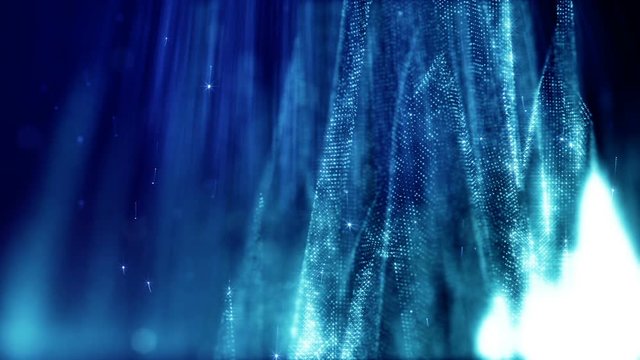 blue seamless abstract background with particles. Virtual space with depth of field, glow sparkles and digital elements. Particles form lines, surface and grid. Looped bg for HUD or micro world 6