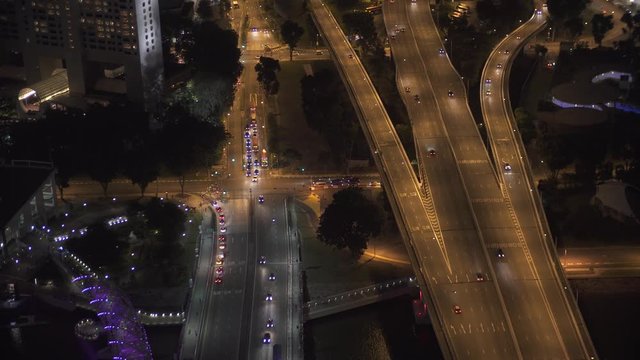 Singapore night city views: the view from the top on the road with heavy traffic