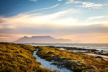 Photo sur Plexiglas Montagne de la Table Table Mountain Cape Town au coucher du soleil avec chemin dans les dunes en premier plan