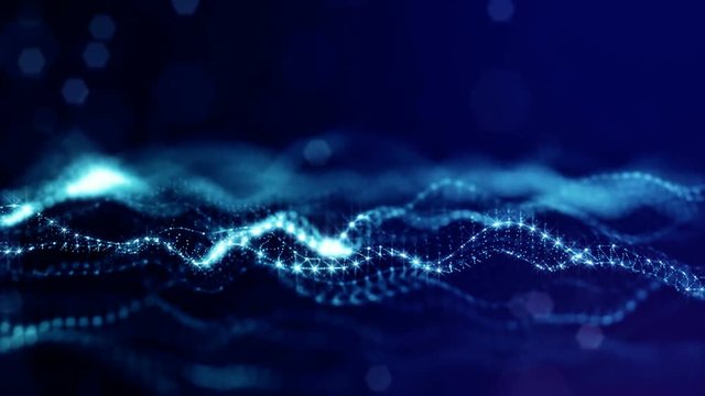 blue seamless abstract background with particles. Virtual space with depth of field, glow sparkles and digital elements. Particles form lines, surface and grid. Looped bg for HUD or micro world 9