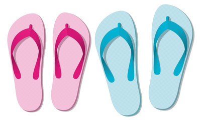 Sandals or flip flops - two pairs of summer fun footwear for man and woman - symbolic for love couple on beach holiday, honeymoon or romantic recreation - isolated vector illustration on white.