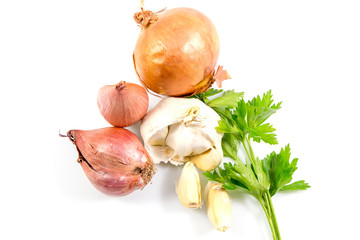 Onion with parsley and garlic isolated on white background, top view.