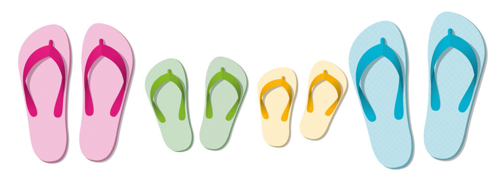 Flip flop family - set of sandals for parents and children - beach holiday fun at summer - isolated vector illustration on white background.