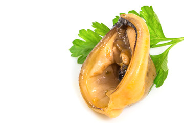 Fresh mussels, boiled of mussels and green leaves of parsley with clipping path isolated on white background.