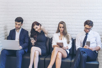 Obraz premium lifestyle business people feel happy using smartphone , business concept.
