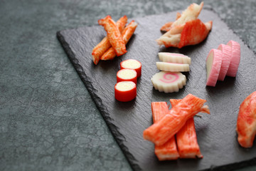 variety of surimi products, imitation crab sticks, japanese food