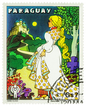 Cinderella going to the castle - scene from a fairy tale on postage stamp