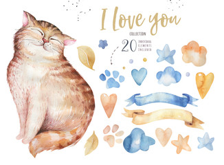 Watercolor cute isolated cat ilustration. Love cartoon cats character for valentine's card. Nursary art design.