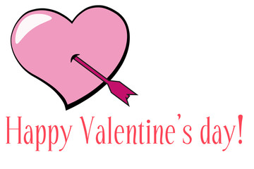 Postcard happy Valentine`s day, pink heart on white background