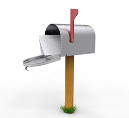Open mailbox with envelope isolated on white background. 3D illustration