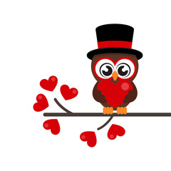 cartoon cute lovely owl in hat with heart on the branch