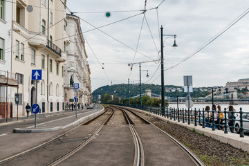 Fototapeta premium Railway tracks in riverbank of Danube river in Budapest.