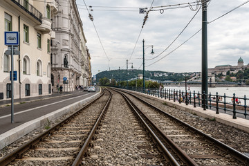 Railway tracks in riverbank of Danube river in Budapest.
