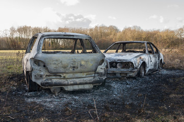 Automobiles calcin&eacute;es en rase campagne
