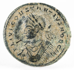 Ancient Roman copper coin of Emperor Constantius II. Obverse.
