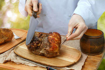 Cook removes the dressing from the meat .