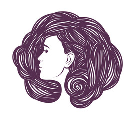 Beauty shop, cosmetic, makeup or spa concept. Beautiful girl, young woman with long curly hair. Decorative vector illustration