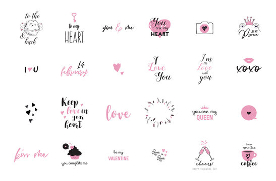 set of black, white and pink love lettering, for valentines day design poster, greeting card, photo album, banner, calligraphy vector illustration collection