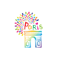 Paris sign Triumph Arch. French famous landmark Arc de Triomphe. Travel France card