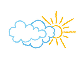 Sun with clouds icon. Doodle line art weather sign illustration