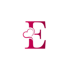 E letter logo with heart icon, valentines day concept