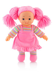 Pinky plushie doll isolated on white background with shadow reflection. Nice contemporary rag baby with pink hair. Modern joyfully rag baby. Pinky doll on white backdrop.