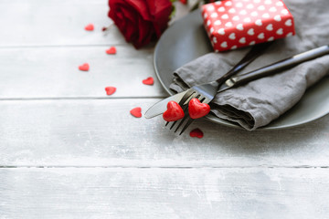 Romantic dinner concept. Valentine day table setting background.