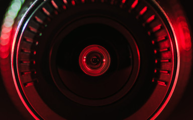 The camera lens with colored light, close photos