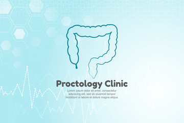 Vector illustration of human colon for proctology clinic. Blue medical background with structure molecule and heart beat
