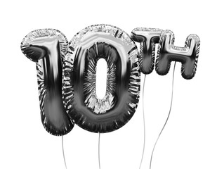 Gold number 10 foil birthday balloon isolated on white. Golden party celebration. 3D Rendering