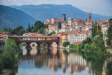 Landscape of Ponte Vecchio in Bassano del Grappa, Italy - obrazy, fototapety, plakaty