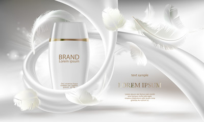 Vector cosmetic banner with 3d realistic white bottle for skin care cream or body lotion, ready mockup for promotion your brand. Beauty product concept illustration with creamy swirl and feathers - obrazy, fototapety, plakaty