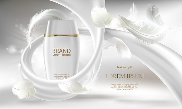 Vector cosmetic banner with 3d realistic white bottle for skin care cream or body lotion, ready mockup for promotion your brand. Beauty product concept illustration with creamy swirl and feathers