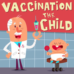 Vaccination of the child. Vector cartoon illustration with funny doctor with a syringe and cute baby with a lollipop.