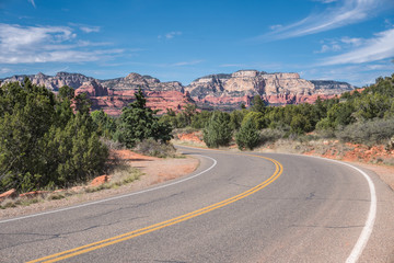 Turn on highway with view of Sedona red rock formations in Arizona, USA
