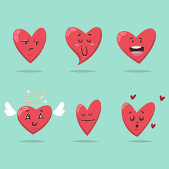 Funny heart with different face expressions and emotions. Vector cartoon cute characters set for Valentine's day isolated on background.