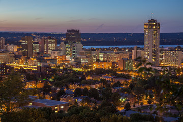 Downtown skyline at night in Hamilton, Ontario