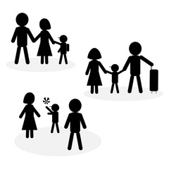 Simple family icon in black and white; symbol of child doing activities with parents; going to school, traveling, and playing ball. Isolated on white background. Flat design. Vector illustration.