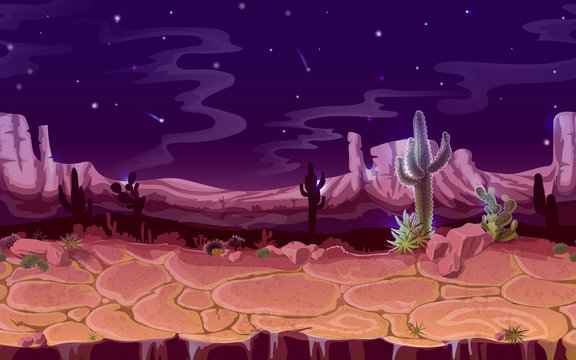 Vector Seamless Desert Night Landscape. Horizontal Cartoon Game, Banner Background, Panorama With Wild Nature, Cactus, Rocks, Trees, Mountains Sky, Canyon And Dry Ground. Western Scene Illustration