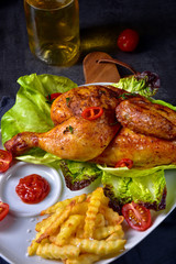 fried chicken with chips and salad
